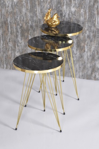 Zigon Sehpa Ve Orta Sehpa Kr Set Gold Tel Siyah Mermer Desen