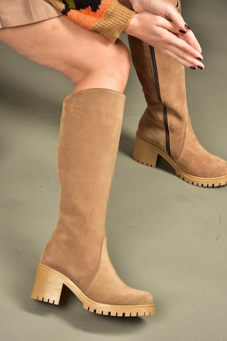 Fox Shoes R654047702 Taba/kahverengi Hakiki Deri Süet Kalın Topuklu Kadın Çizme Kahverengi - Taba