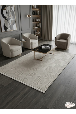 Konak Halı Modern Salon Halısı Premium Seri Bej Emboss Kabartmalı Saçaklı Kaymaz Taban Bej
