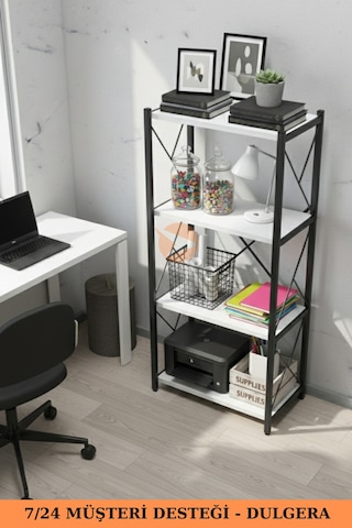 Fourty 4 Raflı Metal Dar Tekli Kitaplık Dekoratif Ofis Salon Rafı 124 Cm Beyaz