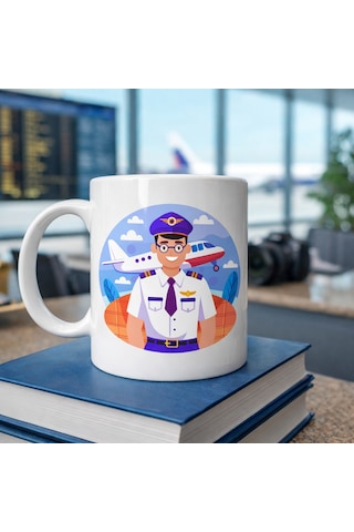 Pilot Tasarımlı Porselen Kupa Model 162 Havacılık Temalı Kahve Kupası Pilot Hediyesi Uçak Desenli Bey Çok Renkli