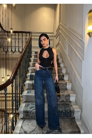 Glammoss L'atelier Yüksek Bel Taş Detaylı Wide Leg Jean Pantolon Bluestone Bluestone