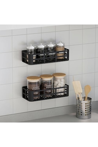 Deconox 2'li Set Siyah Yapışkanlı Banyo Duş Rafı - 27x12 Cm Matkapsız Montaj Şampuanlık Ve Mutfak Baharatlık Or Çok Renkli