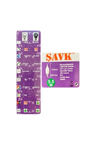 10 Adet Şavk 5,5w 37w Sarı Işık 3000k E14 Duylu İnce Duy Led Kıvrık Ampul