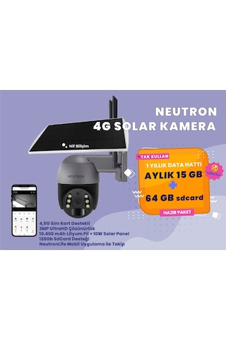 Neutron 3mp 360 Derece 1 Yıllık Sim Kart + Hafıza Kartı Dahil 4.5g, 64gb Sd Kart Dış Mekan Solar Güneş Panelli Kamera