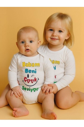 Zekids Bebek Babam Beni Çok Seviyor Yazılı Pamuklu Uzun Kol Çıtçıtlı Body-16093 Ekru