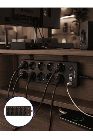 Usb Ve Type-c Çıkışlı 10'lu Akım Korumalı Çoklu Priz Güç Dağıtıcı 2 m