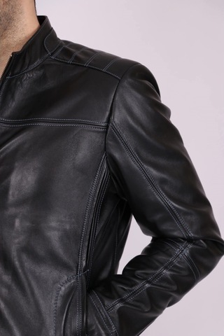 Erkek Siyah Hakiki Deri Hakim Yaka Punto Dikişli Spor Mont