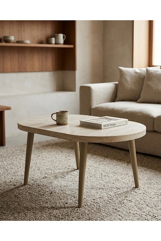 Traverten Desenli Orta Sehpa 100x60 Cm Cappuccino Ahşap Ayaklı Modern Salon Sehpası