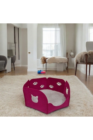 Kedi Yatağı Yuvası Evi Minderli Taşınabilir 3 Mm Keçe Altıgen Tasarım Yuva+minder Fuşya