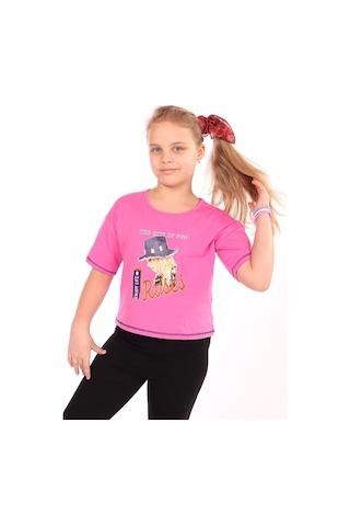 Toontoy Kids Toontoy Kız Çocuk Baskılı Bisiklet Yaka Kısa Kollu Tişört Bej