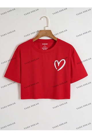 Flood Of Style Crop Ckod-232913 Kalp Desenli Kısa Kırmızı