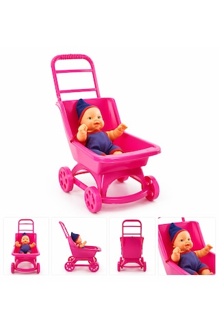 Mini Pembe Oyuncak Bebek Arabası Bebek Dahil 30 Cm 002