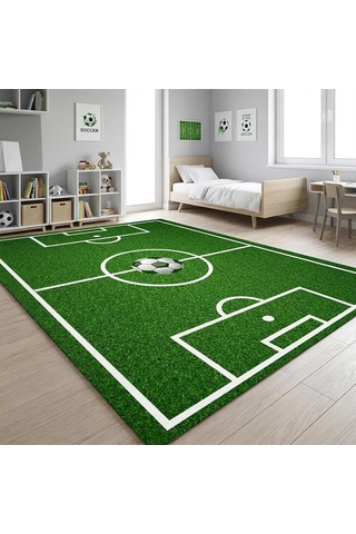Futbol Sahası Desenli Çocuk Odası Halısı Kaymaz Tabanlı Yıkanabilir Dijital Baskı Halı Yeşil