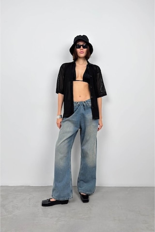 Polo Yaka Fileli Bluz Siyah