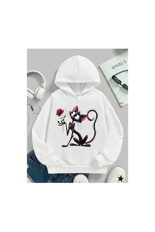 Stil X Sevimli Kediler Baskılı Kapüşonlu Çocuk Sweatshırt Beyaz-2