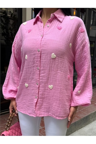 WeShaya Pembe Müslin Nakışlı Viskon Gömlek Pembe