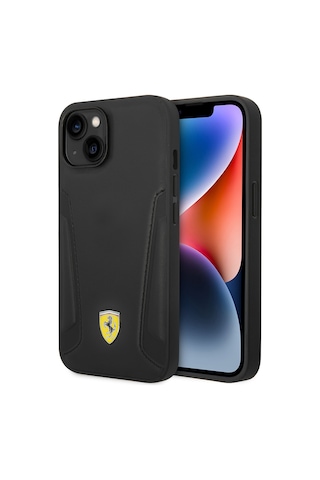 İphone Uyumlu 14 Plus Kılıf Ferrari Lisanslı Magsafe Uyumlu Deri Kenarları Damgalı Dizayn Kapak Siyah