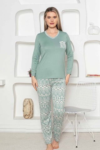 Etnik Desen Kadın Pijama Takımı - Uzun Kollu Likralı Penye Cepli Alt Yeşil
