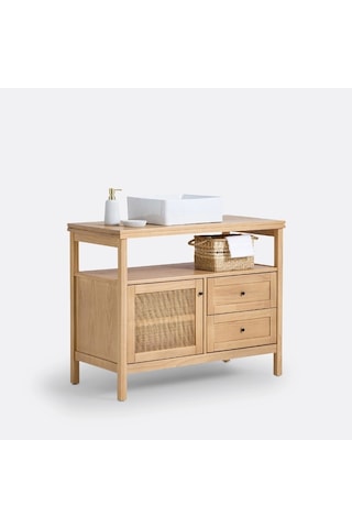 Altea Rattan Detaylı Mini Masif Ahşap Büfe Ceviz