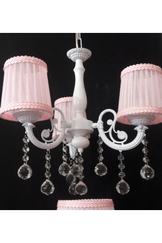 Pembe Çocuk Odası Taşlı 3 Kollu Avize Abajur Seti