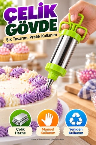 Pasta Süsleme Seti Krema Şırıngası Çelik Gövde Üç Uçlu Spatula Kek Cupcake Dekorasyon Mutfak Aparatı Çok Renkli