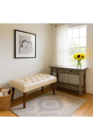 Waterybrook Bench Bank Puf - Suni Deri - Ceviz Ahşap Ayaklı - Retro Modern Tasarım & Dekoratif Sehpa Krem