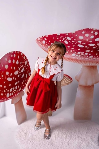 Ministok Mushroom Yakası Nakış Detaylı Askılı Tütü Etekli İkili Kız Çocuk Kırmızı