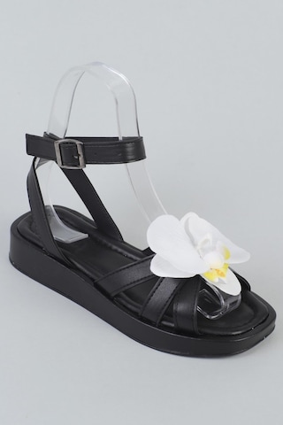 Shoetek Ellisa Kadın Sandalet Çapraz Bantlı Çiçekli Siyah Deri Siyah