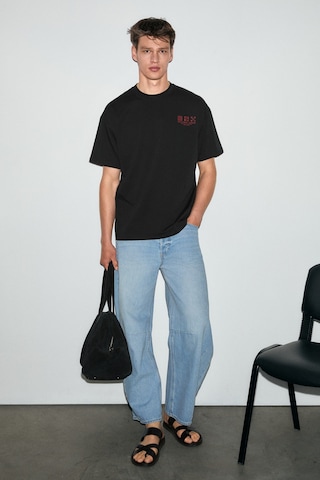 Grımelange Antonıo Erkek Baskı Detaylı %100 Organik Pamuk 3 İplik Örme Oversize Siyah T-shirt