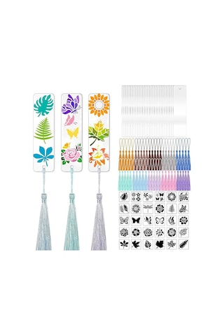 Şeffaf Akrilik Kitap Ayracı Seti, Renkli Püsküllü Çiçek Desenli