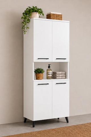 Reyo Enda Home Listra 4 Kapaklı Çok Amaçlı Dolap 170,8 Cm, Raflı, Ayaklı Depolama Dolabı - Beyaz