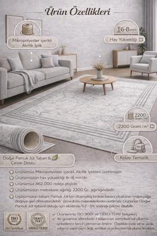 Hav Yüksekliği 462.000 Nokta 2200 Gr/m² Mikropolyester Akrilik Pamuk Jüt Taban Salon Halısı Krem