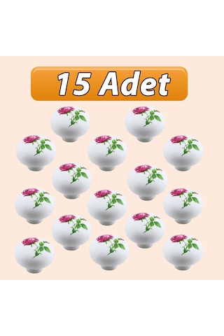 15 Adet Pembe Gül Desenli Beyaz Polimer Düğme Kulp Mantar Mobilya Mutfak Dolabı Çekmece Kulbu Kulpları