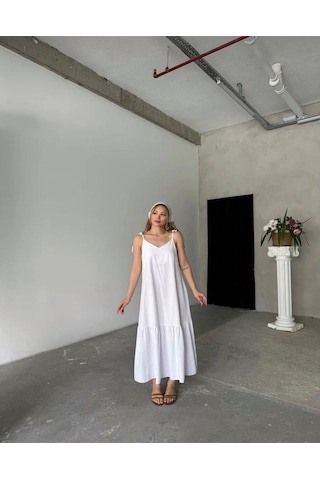 Poplin Kumaş Ayarlanabilir Askılı Elbise BEYAZ