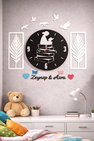 Genç Kız Odası Duvar Saati Kişiye Özel Kitap Okuyan Kız Temalı No 30034 Siyah