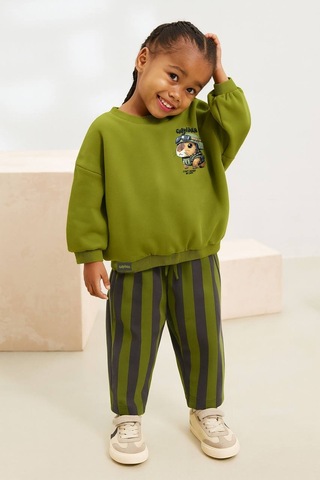 Kız Çocuk Capybara Desen Yeşil Renk Sweatshirt Çizgili Jogger Alt Üst Takım Yeşil