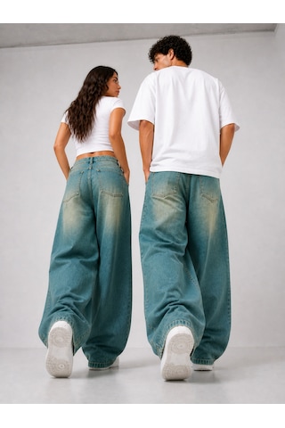 St.poll Eskitme Yeşil Efekt Vintage Yıkama Unisex Baggy Jeans Pantolon Mavi Yeşil