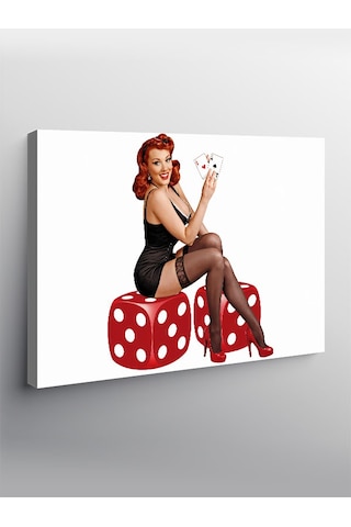 Kanvas Tablo Kırmızı Zar Üzerinde Oturan Pin-up Kız