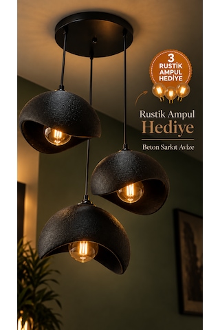 Beton Görünümlü 3'lü Sarkıt Avize Bohem Modern Salon Yemek Masası 3 Rustik Led Ampul Hediyeli Siyah