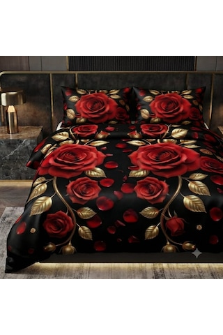 Özel Tasarım Marka Çift Kişilik Nevresim Takımı Organik Saten & Pamuk Luxury Premium Kumaş Gül Çeyiz Kırmızı Pembe Beyaz Sarı Ranforce Solmaz Beyaz - Kırmızı