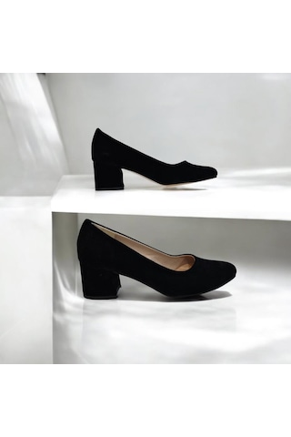 Fiyra 7028 Siyah Süet 5cm Kare Topuklu Bayan Stiletto Ayakkabı Siyah Süet