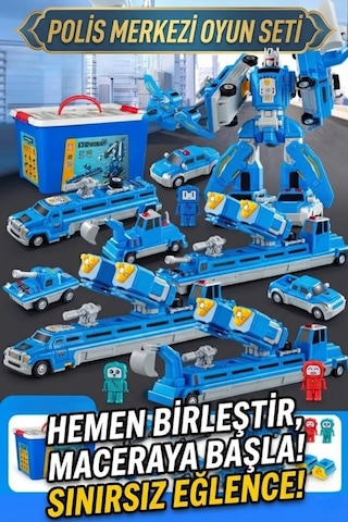 Manyetik Dönüşen Robot Araba Seti 21 Parça Sök Tak Eğitici Oyuncak - Kutulu Polis Merkezi