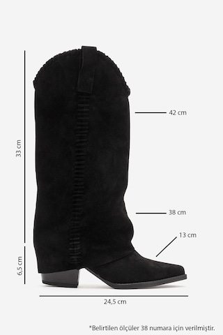 Luvishoes Velın Siyah Süet Hakiki Deri Dikişli Kadın Western Çizme Siyah