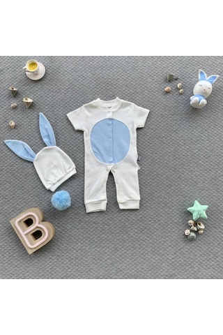 Erkek Bebek Tavşan Model Yazlık Kostüm Tulum-Bebek Doğum Hediyesi Beyaz - Mavi