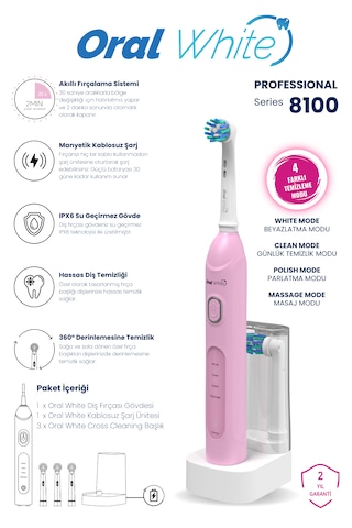 Oral White 4 Modlu Professional 8100 Şarjlı Diş Fırçası Pembe