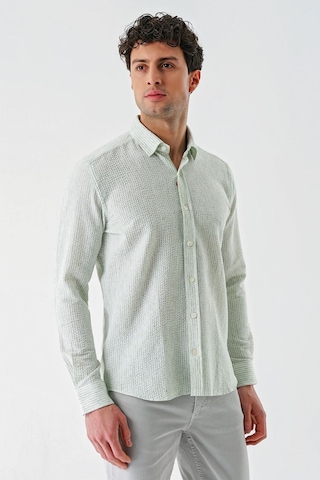 İmza Koyu Yeşil Uzun Kollu Çizgili Biritli Yaka Pamuklu Likralı Casual Slim Fit Dar Kesim Gömlek 1004240233-koyu Yeşil Koyu Yeşil