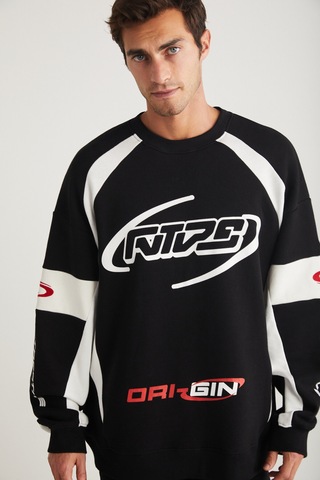 Grımelange Breez Erkek Organik Pamuklu Oversize Parçalı Spor Baskı Detaylı Bisiklet Yaka Siyah Sweatshirt