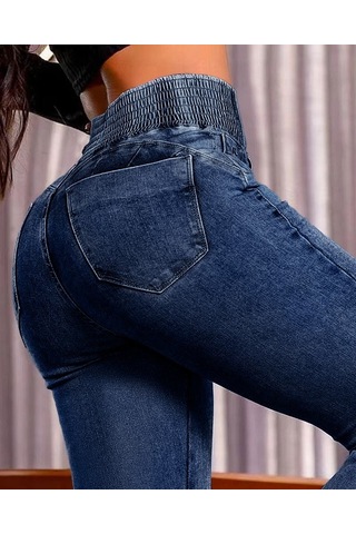İkales Kadın Yüksek Bel Yanları Lastik Önü Düğmeli Kot Pantolon Lacivert