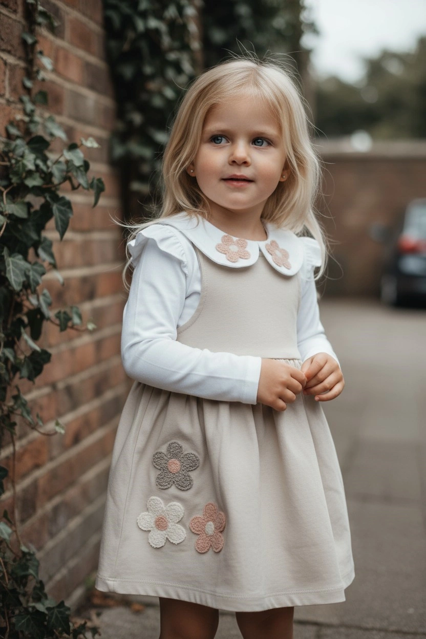 Çiçek Nakışlı Kız Çocuk Elbise Bej